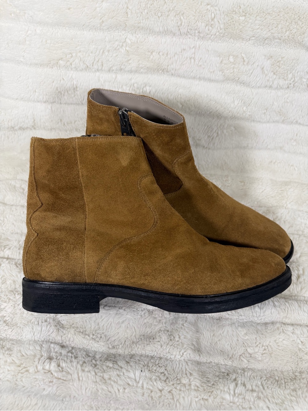 Mens ALLSAINTS Lang Suede Side Zip Boots Camel Tobacco Sz 12 MF560Z